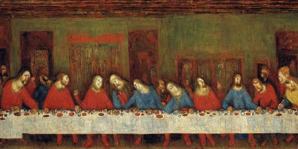 Image similar to the last supper. james ensor. ( 1 8 9 8 ) oil on canvas