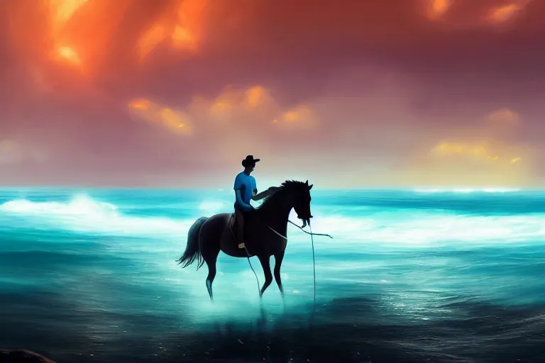 Image similar to photo of man riding a horse along the beach, glowing underwater waves toward a lighthouse in the distance guiding his way, silhouette, wide horizon, large white clouds, night, intricate, elegant, highly detailed, digital painting, artstation, concept art, smooth, sharp focus, illustration, art by artgerm and greg rutkowski and fra angelico