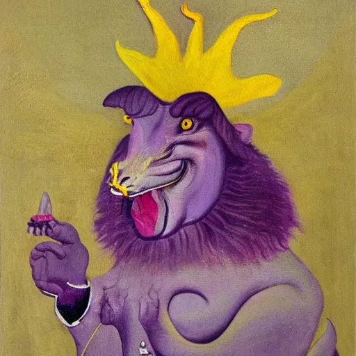 Prompt: painting by francis bacon, highly detailed, purple ancient furry antler deity, yellow rat pig, holding a red orchid, laughing, brightly lit pink room