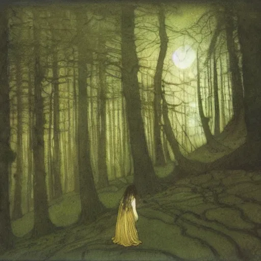 Image similar to lone person in the dark forest, trolls, painting by john bauer