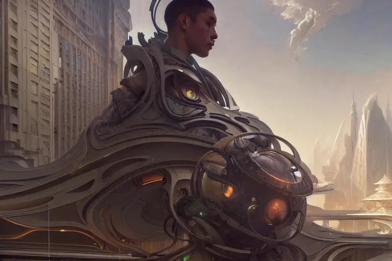 Image similar to ultra realistic, beautiful men and women in a futuristic utopian street, sci - fi, intricate details, eerie, highly detailed, octane render, 8 k, art by artgerm and alphonse mucha and greg rutkowski