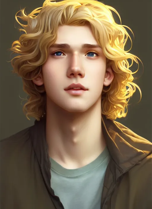 Image similar to young man with medium - length, curly, golden hair, perfectly proportioned face, aquamarine eyes, sweet smile, natural lighting, path traced, highly detailed, high quality, cartoon, digital painting, by new haicheng and ross tran and studio ghibli and alphonse mucha