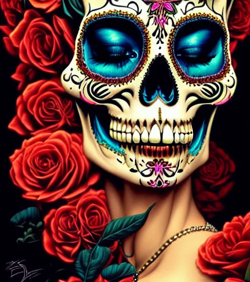 Image similar to a gorgeous fancy skull lady by dan mumford and gil elvgren, sugar skull, hyperrealism, intricate details, exceptional beauty, fool, high contrast, high fashion