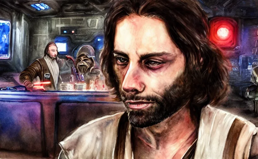 Image similar to an accurate realistic star wars watercolor fantasy concept art of a drug dealer that looks like chris d'elia looking angry in a sleazy futuristic bar of coruscant, hq, 4 k