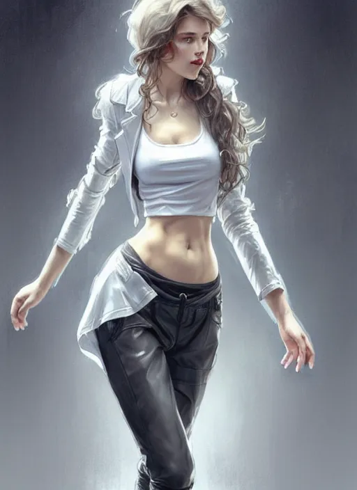 Image similar to girl in very short white! top and very short gray! leather jacket, open belly, long dark curly hair, high waist sweatpants, intricate, elegant, highly detailed, digital painting, artstation, concept art, smooth, illustration, art by artgerm and greg rutkowski and alphonse mucha