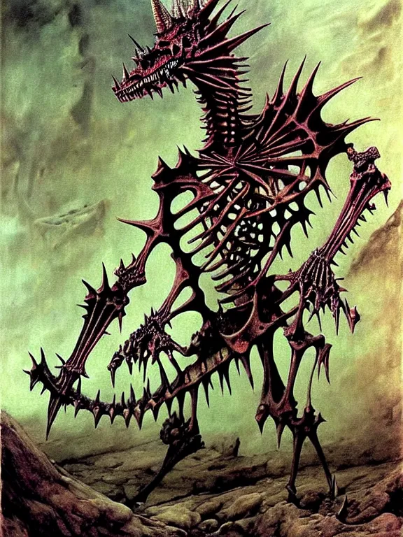 Prompt: A little vibrant. A spiked horned detailed crocodile-semihuman skeleton with armored joints stands in a large cavernous citadel with a pebble in hands. Wearing massive shoulderplates, cloak. Extremely high details, realistic, fantasy art, solo, masterpiece, bones, ripped flesh, colorful art by Zdzisław Beksiński, Arthur Rackham, Dariusz Zawadzki, Harry Clarke