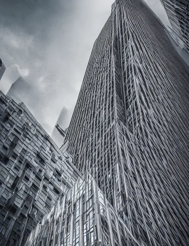 Prompt: a skyscraper in the style of gothic brutalist architecture hyper detailed photorealistic hd 8 k post - processing high resolution cinematic lightning high angle shot ground level shot