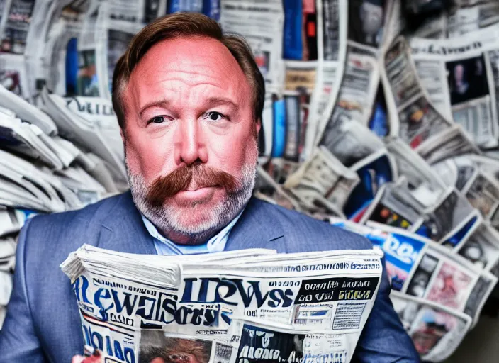 Image similar to dslr photo still of infowars host alex jones in a blue suit fat grey beard and mustache in a!!! room filled to the ceiling with newspapers newspapers to the ceiling newspapers everywhere stacks of newspapers!!!!!! looking at an iphone in shock!!!, 5 2 mm f 1. 8