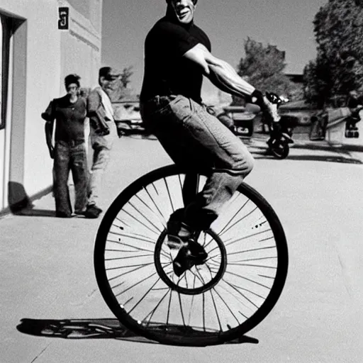 Image similar to a photo of arnold schwarzenegger riding a unicycle