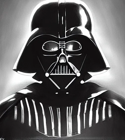 Image similar to black-and-white portrait of Darth Vader by Craig Mullins; extraordinary-masterpiece; realistic-lighting