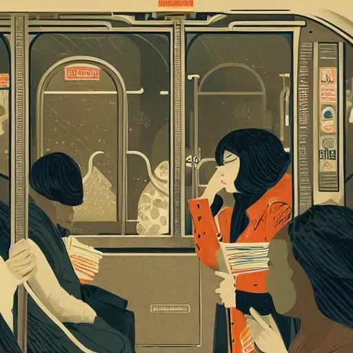 Prompt: parisian subway life, illustration by victo ngai, studio muti, malika favre