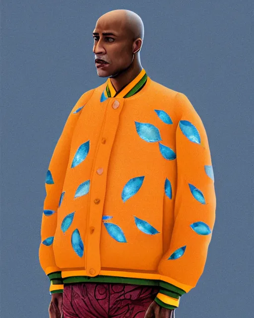 Prompt: a puffy and oversized winter surrealistic mango fruit jacket, concept, mucha, virgil abloh, wes anderson, ilya kuvshinov, photorealistic, artstation, high fashion, incenerate, modern