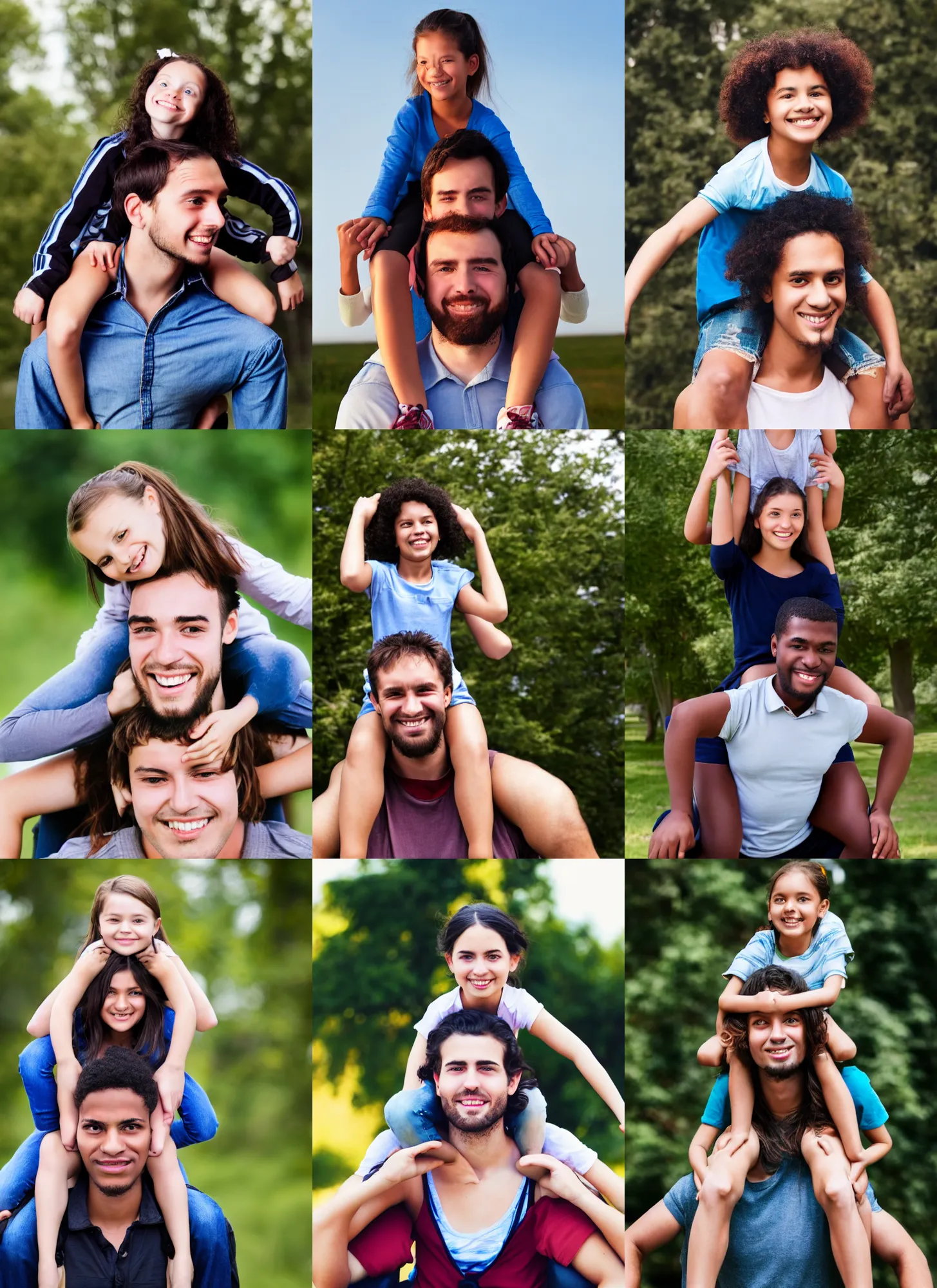 Prompt: girl sitting on shoulders of man