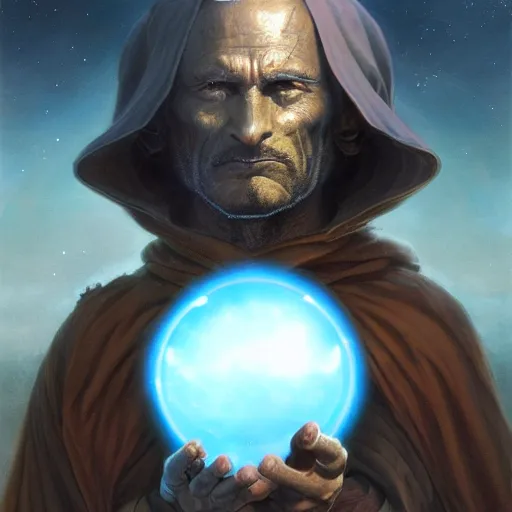 Image similar to male nomad wearing a cloak on an alien world and holding a holographic planet projection in his hand, covered face, detailed, sci - fi, digital painting, artstation, sharp focus, illustration, artgerm, tomasz alen kopera, peter mohrbacher, donato giancola, joseph christian leyendecker, wlop, frank frazetta