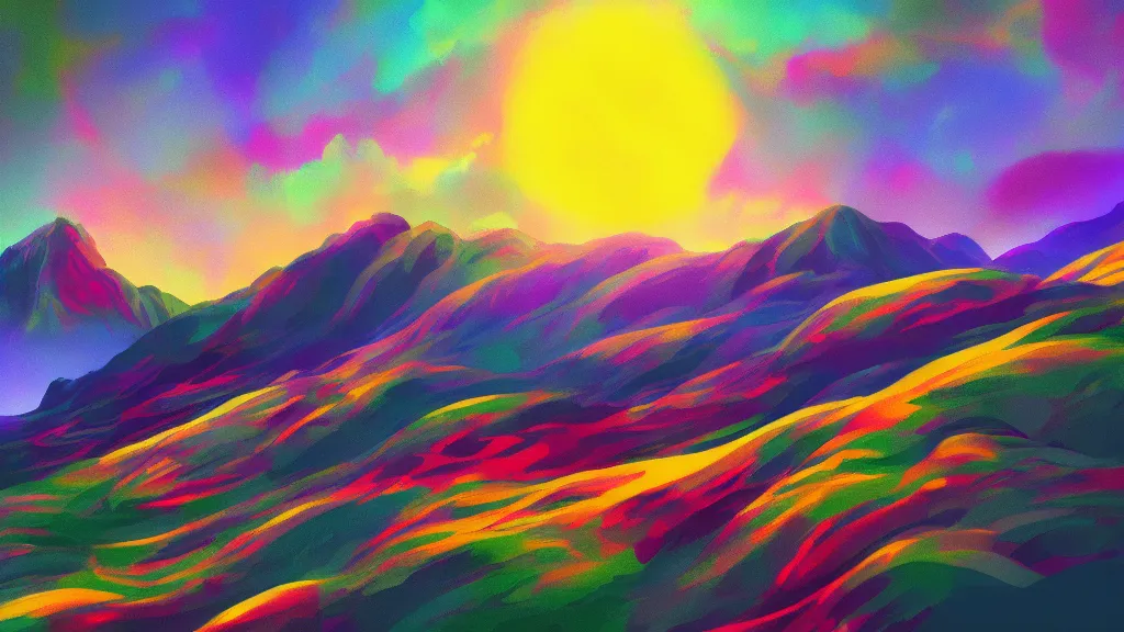 Image similar to a psychedelic illusion mountain scenery, moody, space, colorful, sun, artstation, digital art.