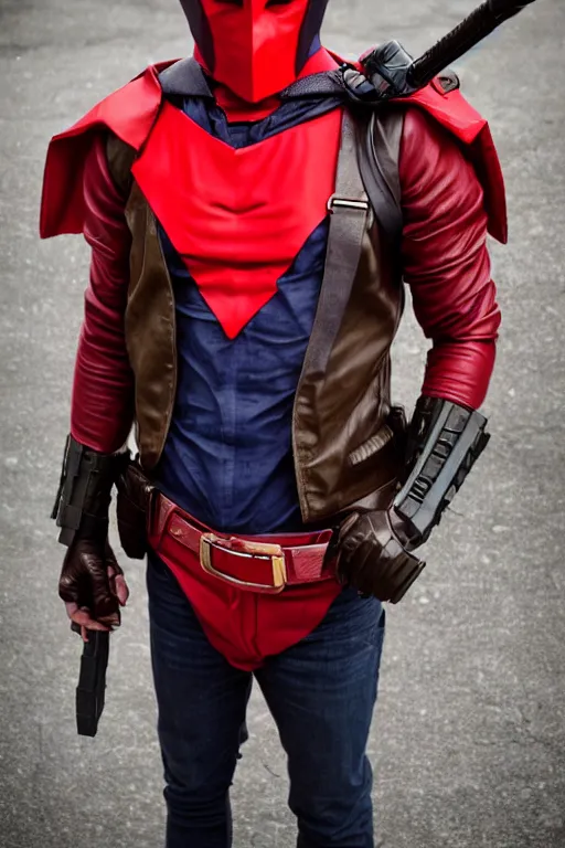 Prompt: red hood cosplay, cellphone picture