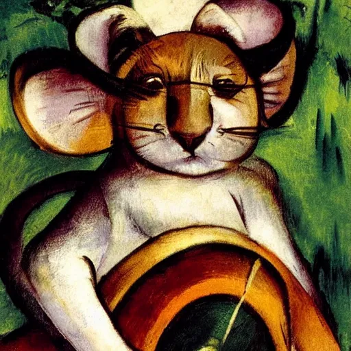 Image similar to mouse holding a drum, sitting in the forrest, medieval portrait, by franz marc, close up