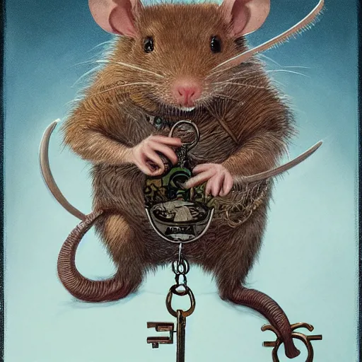 Prompt: a detailed portrait of a rat guardian holding a key, by victo ngai and justin gerard, digital art, realistic painting, very detailed, fantasy, high definition, cinematic light, dnd, trending on artstation