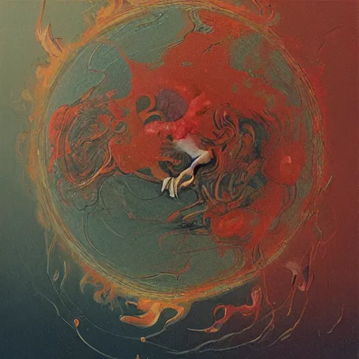 Image similar to a sphere being devoured by abstract splatters of paint in the style of francis bacon, venus being engulfed in flames in the style of james jean, surreal, beksinski, high detailed