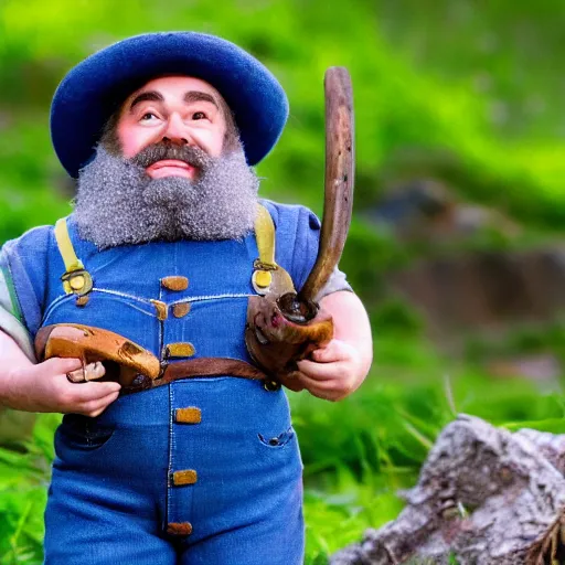 Prompt: a pudgy dwarf wearing blue overalls with full beard and a pocketful of gems holding a pickax, high resolution film still, HDR color, movie by Wolfgang Petersen and Peter Jackson