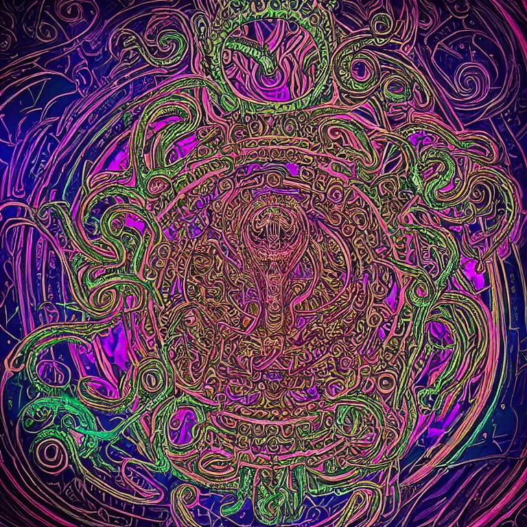 Prompt: a giant skull with intricate rune carvings and glowing eyes and three dimensional symmetrically braided lovecraftian tentacles haunting the mythical cosmos with twirling smoke trails and a endlessly twisting vortex of dying galaxies, depicted in a intricate mandala, digital art, vivid colors, highly detailed