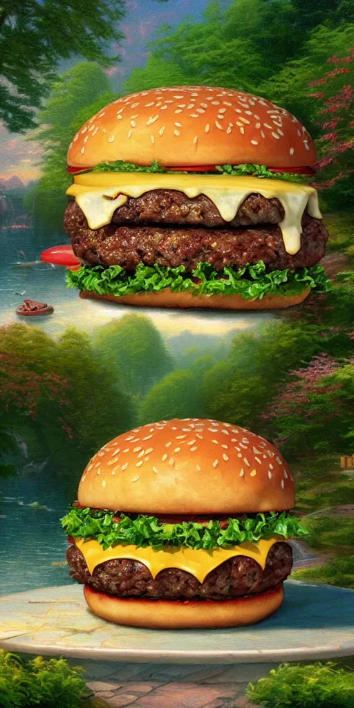 Prompt: a huge burger in the nature in the style of thomas kinkade