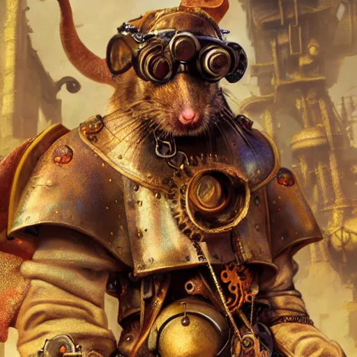 Image similar to rat warrior with steampunk goggles, clockwork, octane render, epic, cinematic, psychedelic, lsd, by ruan jia