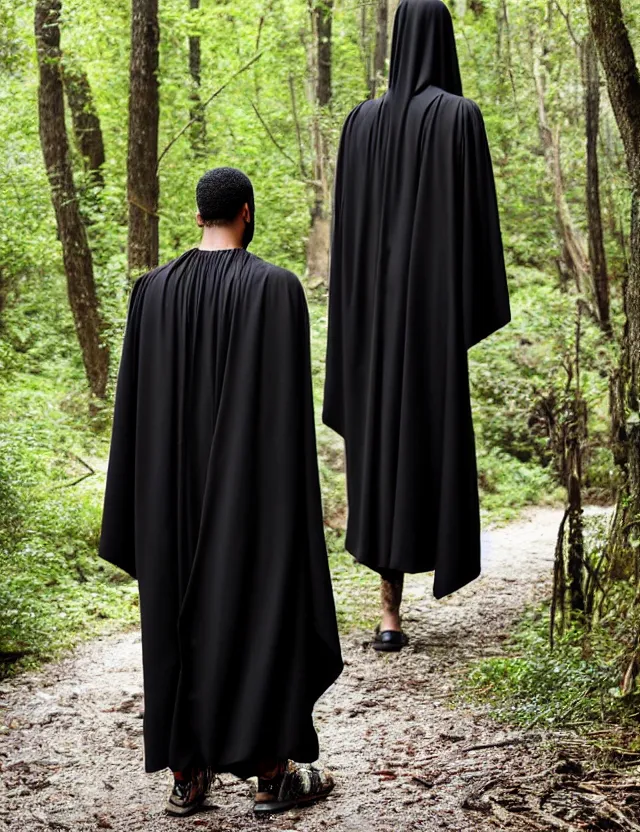 Prompt: longshot modern intricate textile ancient roman toga cloak nature black skin man walking along small creek river in the woods marc jacobs gucci pearl beads eggshell