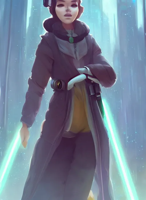 Prompt: commission of a beautiful portrait of a female anthro ferret fursona wearing jedi robes in a forested cyberpunk city. character design by charlie bowater, ross tran, artgerm, and makoto shinkai, detailed, soft lighting, rendered in octane