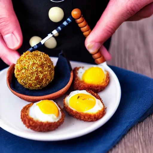 Image similar to close up photo of a miniature Scottish man in a kilt, playing bagpipes hatching out of a Scotch egg. You can see the yolk, egg white, sausage and crumbed outside of the egg.