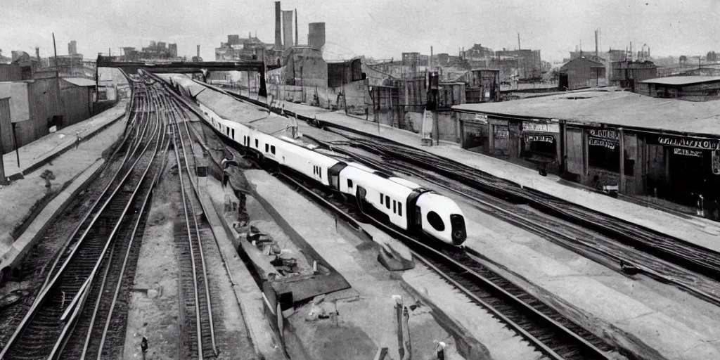 Image similar to wide angle view of streamline train speeding. futurism. industrial revolution and progress.