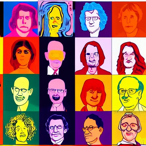 Image similar to a conference of psychedelic scientists / professors / researchers at the ohio state university in the style of peter max