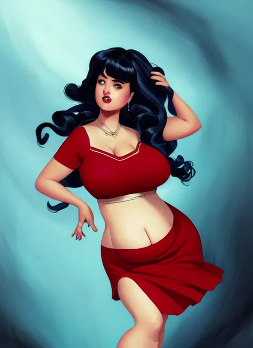 Image similar to full body portrait of teenage veronica lodge, obese, bangs, sultry, realistic, sultry smirk, wavy hair, red skirt, fat, belly, intricate, elegant, glowing lights, highly detailed, digital painting, artstation, concept art, smooth, sharp focus, illustration, art by wlop, mars ravelo and greg rutkowski