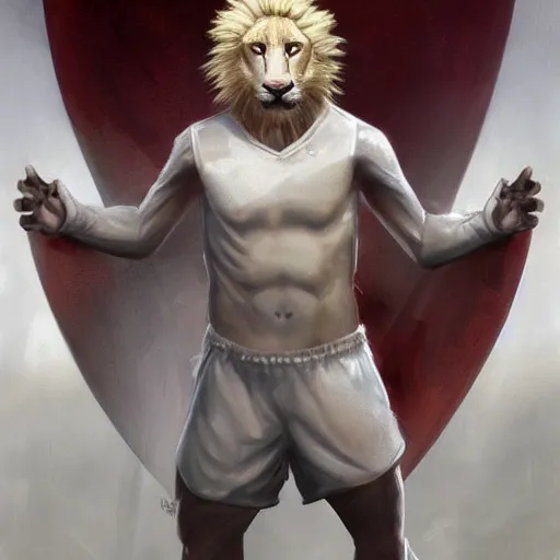 Image similar to a beautiful award winning commission of a fit male anthro albino lion dressed in soccer outfit,digital art,art by greg rutkowski,character design by charles bowater,ross tran,photorealistic,highly detailed,detailed face,4k,dramatic,deviantart,artstation