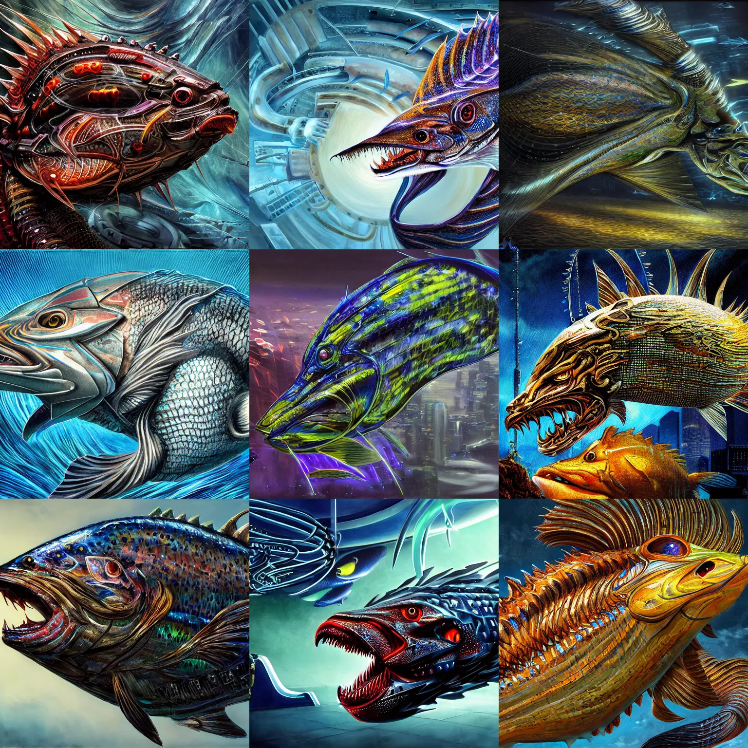 Prompt: cyber - fish chimera by lev kaplan. hyper - realistic, hyper - detailed, high resolution, cinematic composition, painting, high detail, extremely detailed, very coherent, thick lineart, artwork by lev kaplan