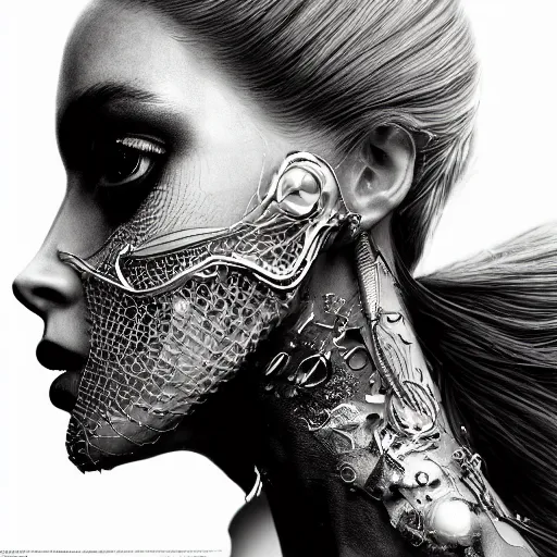Image similar to the portrait of an absurdly beautiful, graceful, elegant, sophisticated, fashionable cyberpunk gravure idol, an ultrafine hyperdetailed illustration by kim jung gi, irakli nadar, intricate linework, bright colors, porcelain skin, mixed metals, unreal engine 5 highly rendered, fashion photography, global illumination, radiant light, detailed and intricate environment