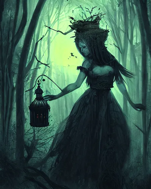 Image similar to Girl with a birdcage on her head, horror, forest. Unreal engine, fantasy art by Adolf von Menzel. Accurate expression, perfect anatomy GL, glowing light