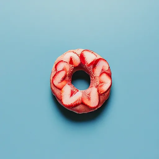 Image similar to Perfectly circular donut!!!!! in the shape of a strawberry!!!!!!, trending on artstation, 4k, 8k, professional photography, overhead shot, 35mm lens