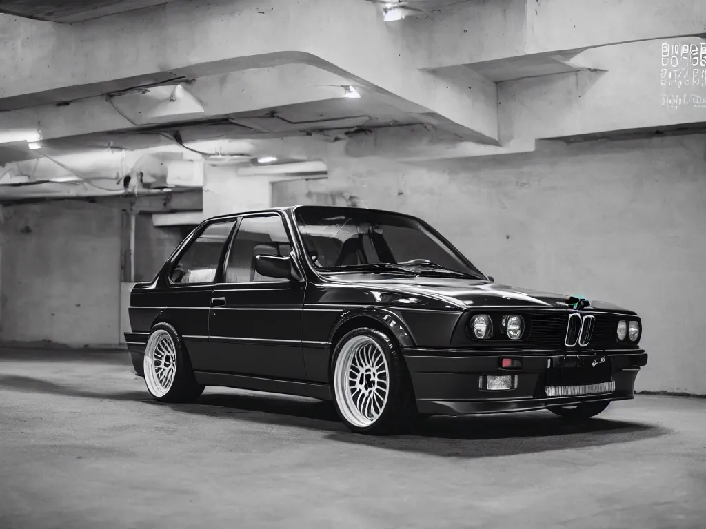 Image similar to a modified bmw e 3 0 with lights on in a futuristic neon parking garage, 3 5 mm photography, car photography, clean lines, realistic