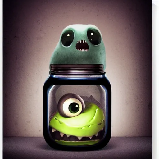 Image similar to cute monster in a jar by Greg Rutkowski, product photography, centered, studio lightning