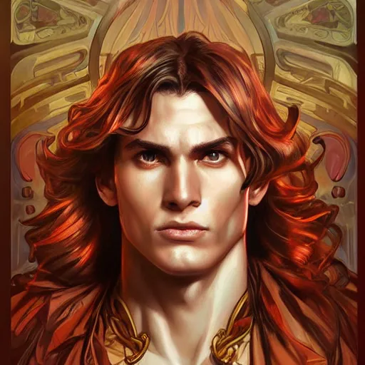 Image similar to character concept, portrait, symmetrical head - on centralized, young man with strong body and fire eyes. detailed, high quality, dynamic lightning, fantasy, scenematic. artwork by artgerm, wlop, alex ross, greg rutknowski, alphonse mucha