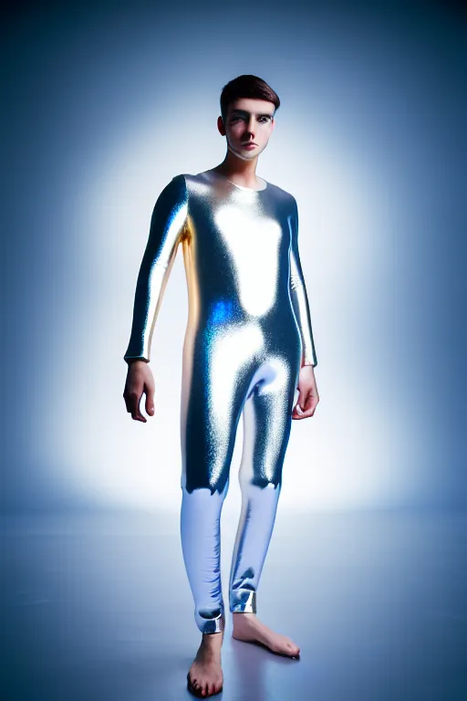 Image similar to un ultra high definition studio quality photographic art portrait of a young man standing on the rooftop of a british apartment building wearing very soft baggy inflatable padded silver iridescent pearlescent clothing. three point light. extremely detailed. golden ratio, ray tracing, volumetric light, shallow depth of field. set dressed.