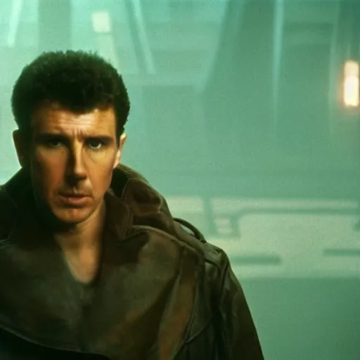 Image similar to Weird al Yankovic as Rick Deckard on blade runner 1982, slightly smiling, wide angle lens, movie still, in color, movie frame, detailed face, symmetrical face, 4k