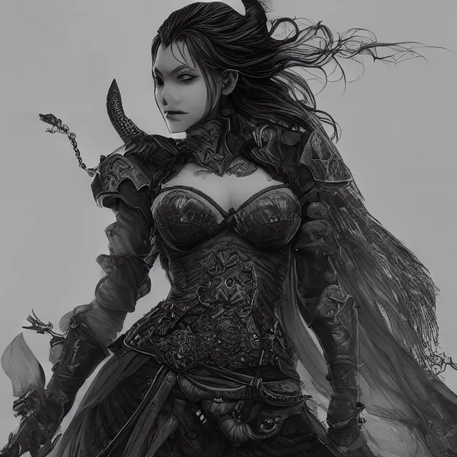 Prompt: the portrait of the neutral evil fallen female dark knight vagabond as absurdly beautiful, gorgeous, elegant, sophisticated european gravure idol, an ultrafine hyperdetailed illustration by kim jung gi, irakli nadar, intricate linework, detailed faces looking up, octopath traveler, unreal engine 5 highly rendered, global illumination, detailed and intricate environment, 8 k