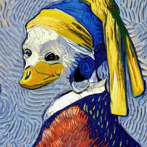 Prompt: A duck with a pearl earring, photorealistic, by Vincent van Gogh, 8k, trending on artstation