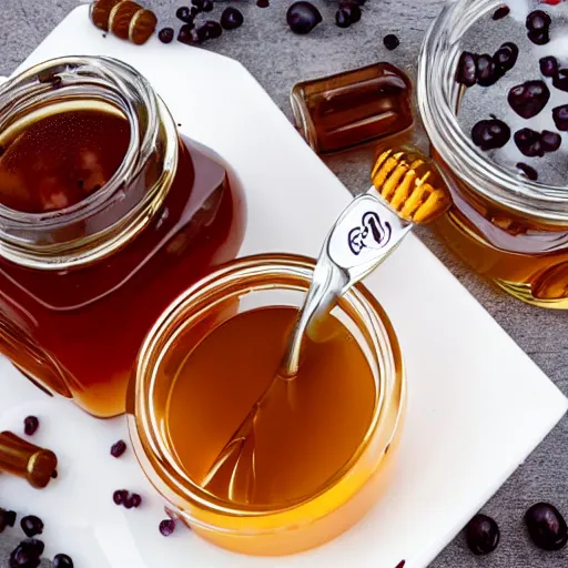Image similar to dingleberry honey, honey with fresh dingleberries floating inside, food photography
