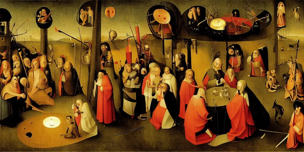 Prompt: a party at midnight, modern indoors, bay area, candles, hot tub, friendship, hope, art by hieronymus bosch