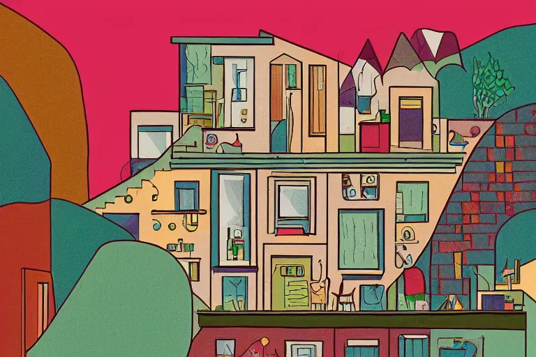 Image similar to a colorful flat 2 dimensional illustration of a cross section of a house, a storybook illustration by muti and tim biskup, minimalism, featured on dribble, arts and crafts movement, behance hd, storybook illustration, dynamic composition