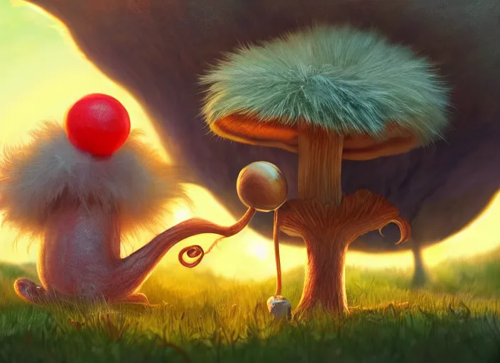 Image similar to a cute dr seuss creature sitting next to a mushroom, golden hour, fantasy, sharp focus, digital art, hyper realistic, 4 k, unreal engine, highly detailed, hd, dramatic lighting by brom, trending on artstation