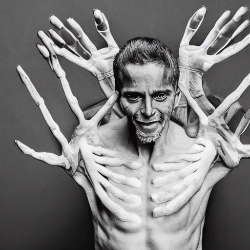 Image similar to ultra detailed photo of a man with many arms covering his entire body